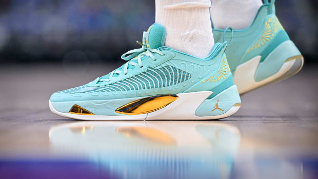 View of Luka Doncic's teal shoes.